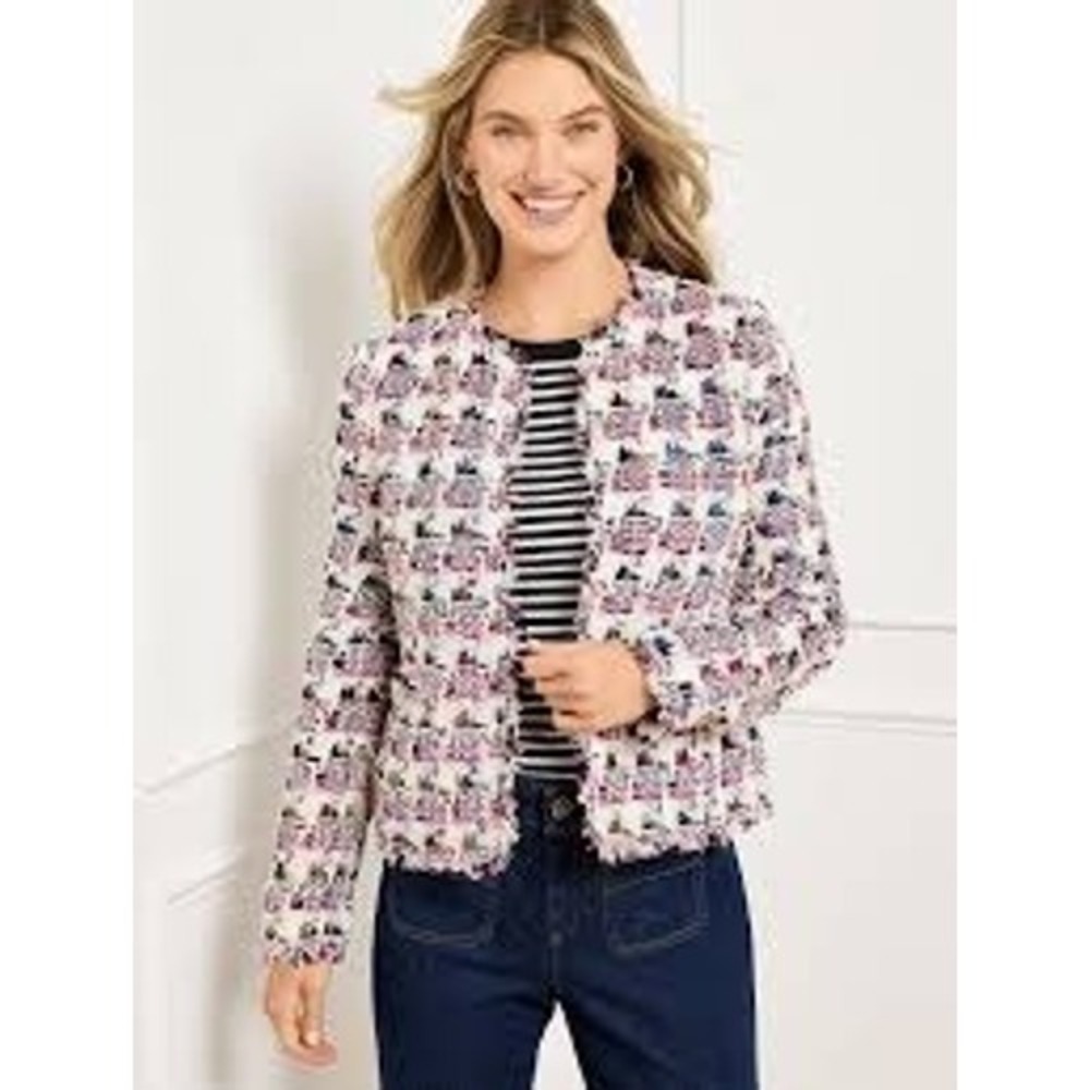 Talbots Tweed Jacket Womens 4‎ Multi-Color Pink Blue Plaid Collarless Blazer